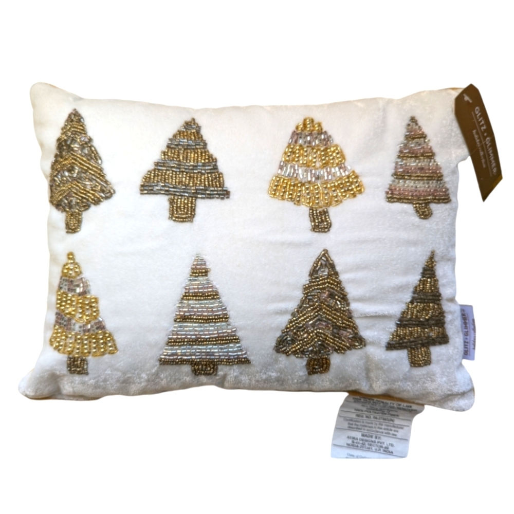 Glitz + Glimmer Holiday Collection Beaded Christmas Trees Velvet Throw Pillow Sm